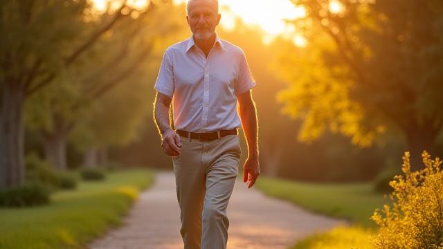 Uomo anziano che cammina all'aperto, simboleggiando vitalità e salute prostatica