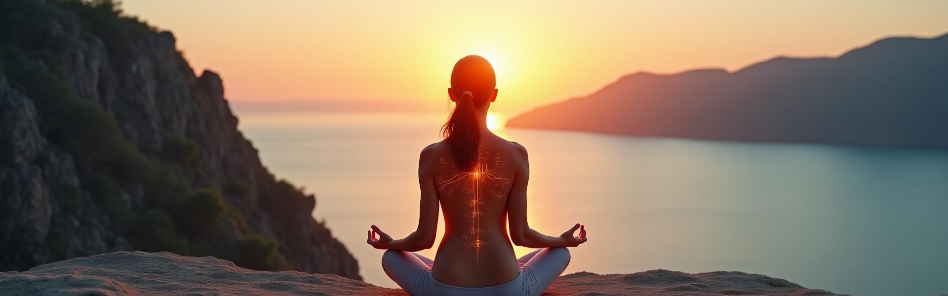 Donna serena che medita all'alba con una grafica leggera che evoca dati biometrici, simboleggiando il benessere olistico e la tecnologia