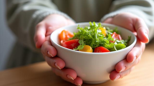 Persona che mangia consapevolmente un'insalata fresca, con un'attenzione particolare alla consistenza e ai colori del cibo, su un tavolo di legno chiaro.