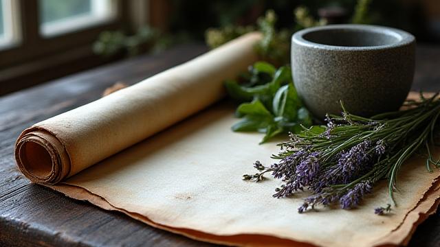 Un'antica pergamena con erbe medicinali fresche e un mortaio, illuminati da luce soffusa, evocando le pratiche di guarigione tradizionali romane.