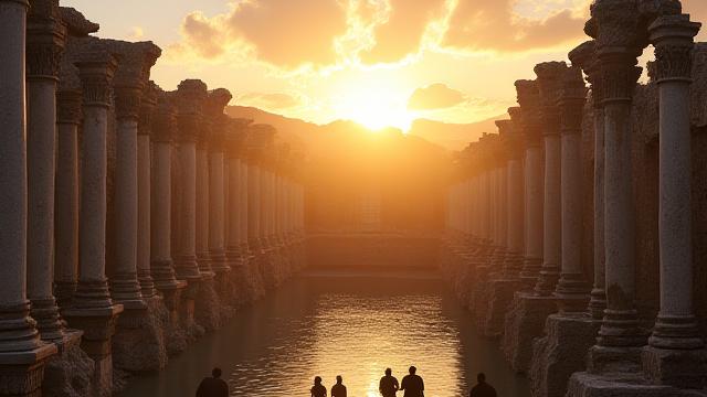 Rovine ben conservate delle Terme di Caracalla a Roma, illuminate dalla luce dorata del tramonto, con persone che passeggiano in sottofondo, evocando saggezza antica e benessere.