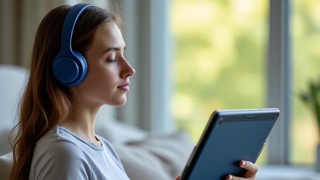 Giovane donna che pratica meditazione guidata tramite un'app su tablet, con cuffie e sfondo naturale