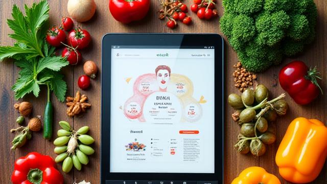 Tavolo coperto da ingredienti freschi e colorati con un tablet che mostra un piano alimentare personalizzato basato su DNA, simboleggiando la nutrizione di precisione.