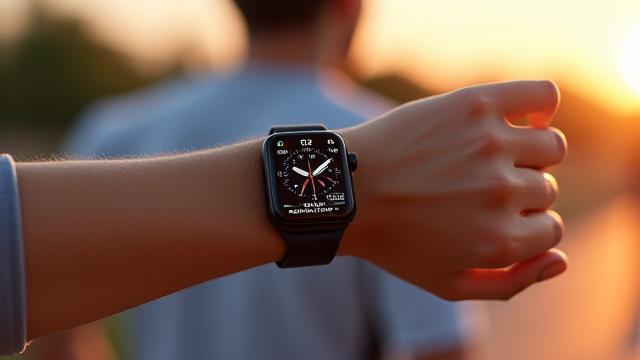 Polso con uno smartwatch che visualizza i dati della frequenza cardiaca e del sonno, in primo piano, con una persona che corre sfocata sullo sfondo.