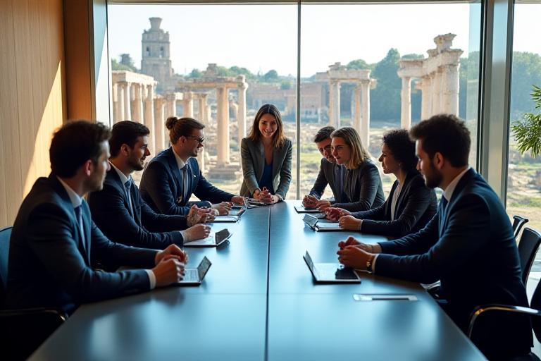 Team di Foro Benessere in un ufficio moderno con vista su rovine romaniche