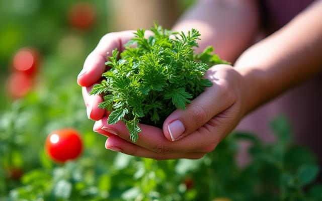 Mani che raccolgono erbe mediterranee
