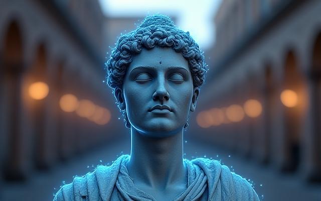Statua romana serena che medita con elementi digitali moderni
