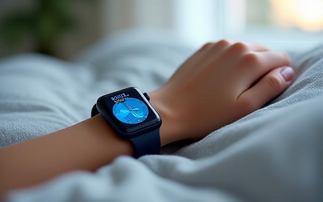Persona serena che dorme con uno smartwatch che monitora il sonno