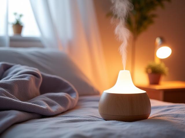 Diffusore di oli essenziali in legno con nuvolette di vapore e piante rilassanti