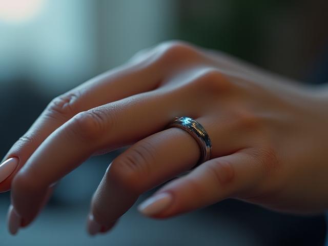 Anello smart elegante su un polso, che misura il sonno e l'attività