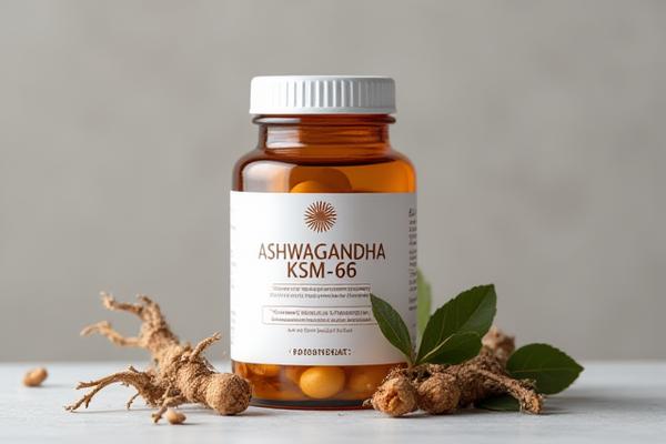 Flacone di integratore di Ashwagandha KSM-66 con radici essiccate sullo sfondo