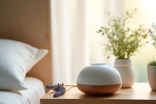 Diffusore di oli essenziali a ultrasuoni, minimalistico e bianco, tra piante