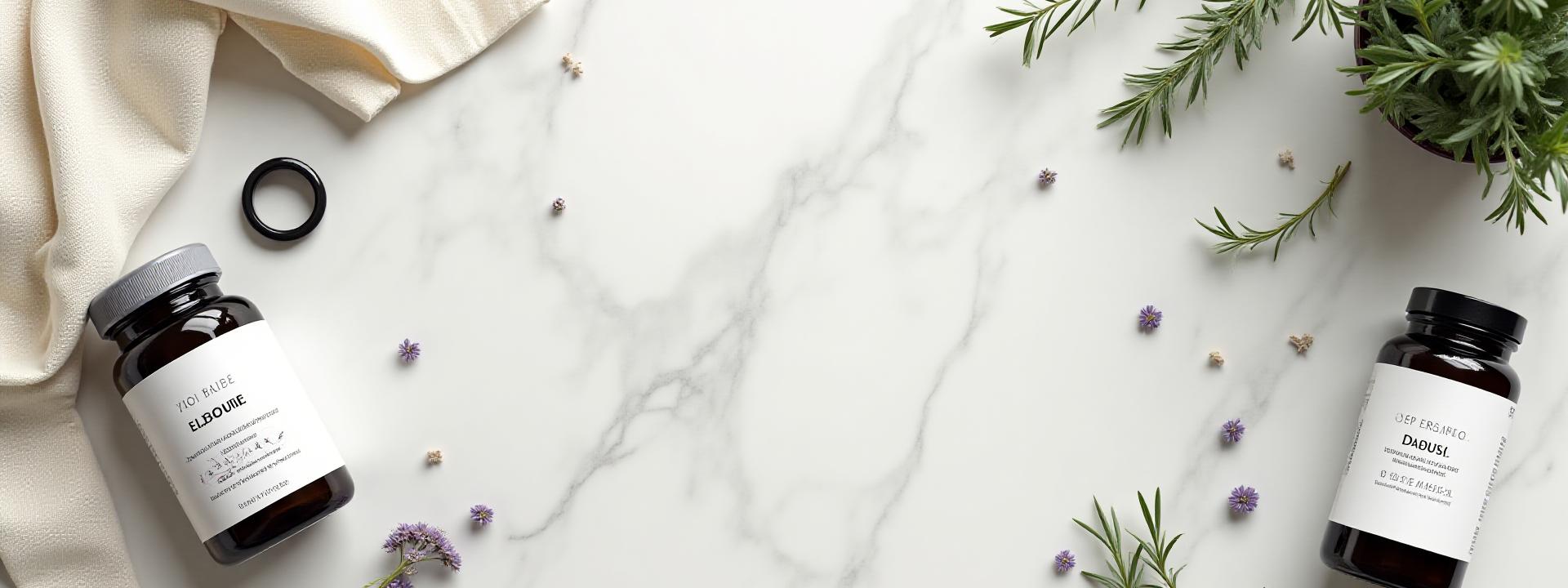 Composizione elegante di integratori, un orologio smart e una bottiglia d'acqua su uno sfondo di marmo chiaro e tessuti naturali