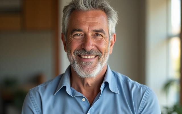 Uomo di 45 anni, Marco, sorridente e rilassato in un ambiente sereno.